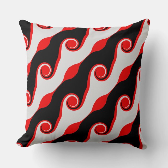 Black, Red and Silver Abstract Waves Cushion (Front)