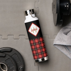 Black Red and Tan Lumberjack Plaid Monogrammed Water Bottle
