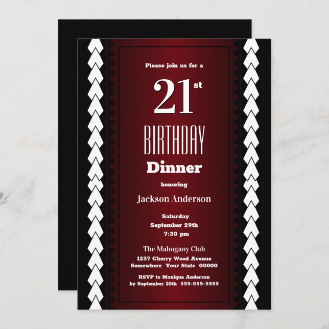 Black Red and White 21st Birthday Dinner Invitation (Front/Back)