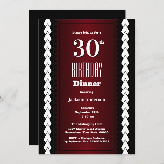 Black Red and White 30th Birthday Dinner Invitation (Front/Back)