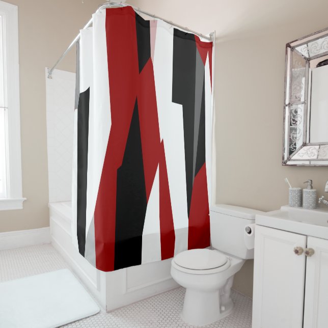 Black, Red and White Abstract Shower Curtain (In Situ)