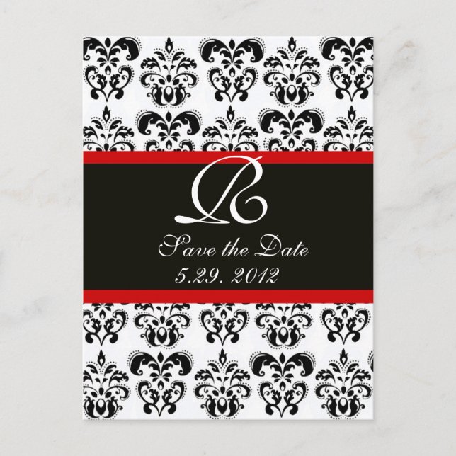 BLACK  RED AND WHITE DAMASK MONOGRAM ANNOUNCEMENT POSTCARD (Front)