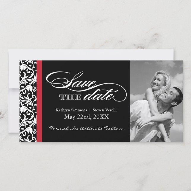 Black, Red and White Damask  Save The Date (Front)