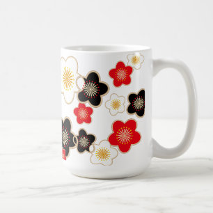 black, red, and white flowers coffee mug