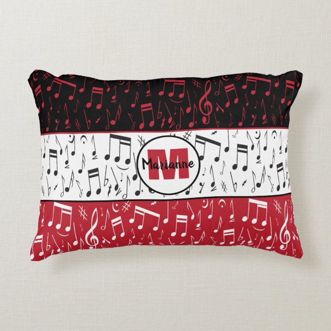 Black red and white music notes accent pillow (Front)