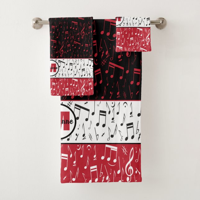 Black red and white music notes bath towel set (Insitu)