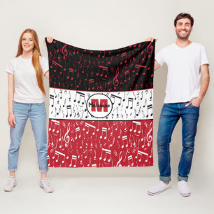 Black red and white music notes fleece blanket