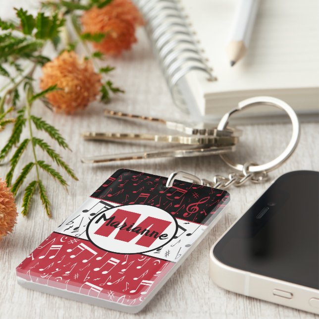 Black red and white music notes keychain (Front Right)