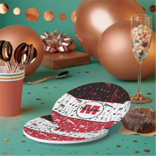 Black red and white music notes paper plate