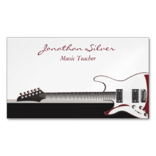 Black Red and White Piano & Guitar Music Teacher Magnetic Business Card