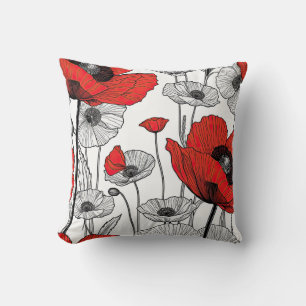 Black, red and white poppy line art cushion