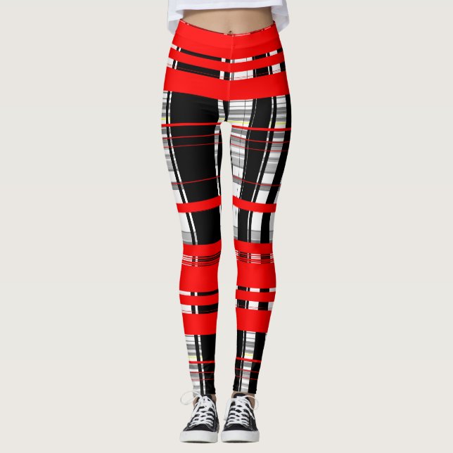 Black red and White stripes abstract Leggings (Front)