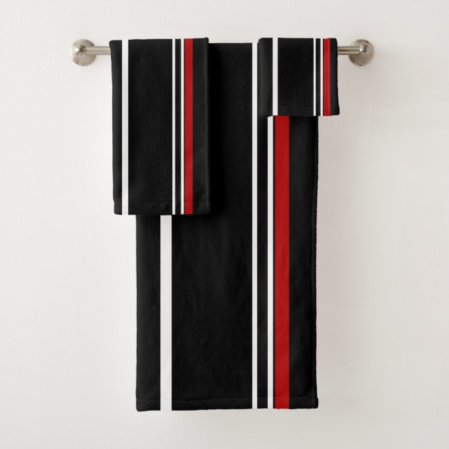 Black Red and White Stripes  Bath Towel Set (Insitu)