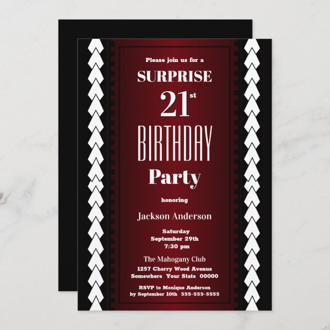 Black Red and White Surprise 21st Birthday Party Invitation (Front/Back)