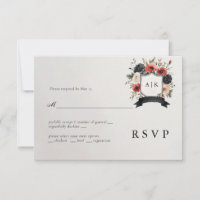 Black Red Anemone Coat of Arms Wedding RSVP Card