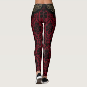 Black Red Antique Damask Lace Style Leggings