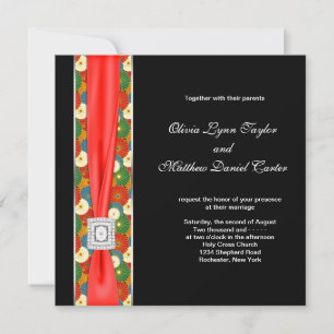 Black Red Asian Flower Black Wedding Invitation