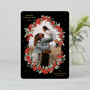Black Red Berries + Eucalyptus Christmas Photo Foil Holiday Card