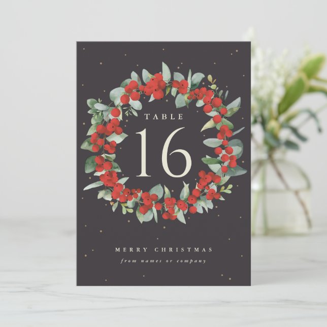 Black Red Berries+Eucalyptus Holiday Table Number (Standing Front)