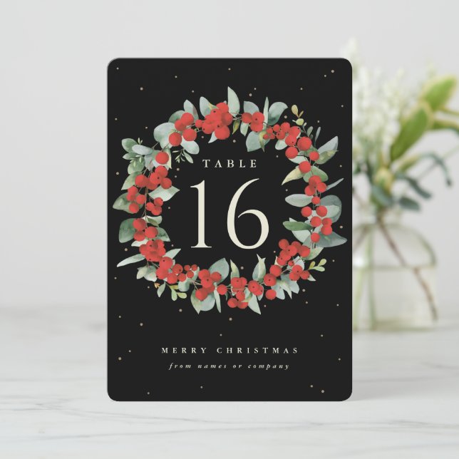 Black Red Berries+Eucalyptus Holiday Table Number (Standing Front)