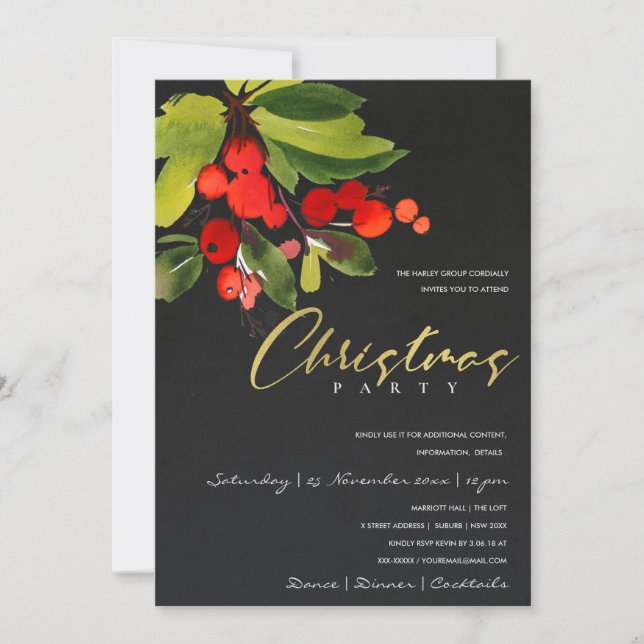 BLACK RED BERRY CORPORATE HOLIDAY CHRISTMAS PARTY INVITATION (Front)