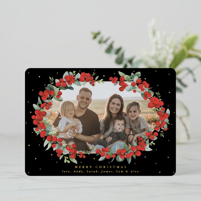 Black Red Berry + Eucalyptus Christmas Photo Foil Holiday Card (Standing Front)