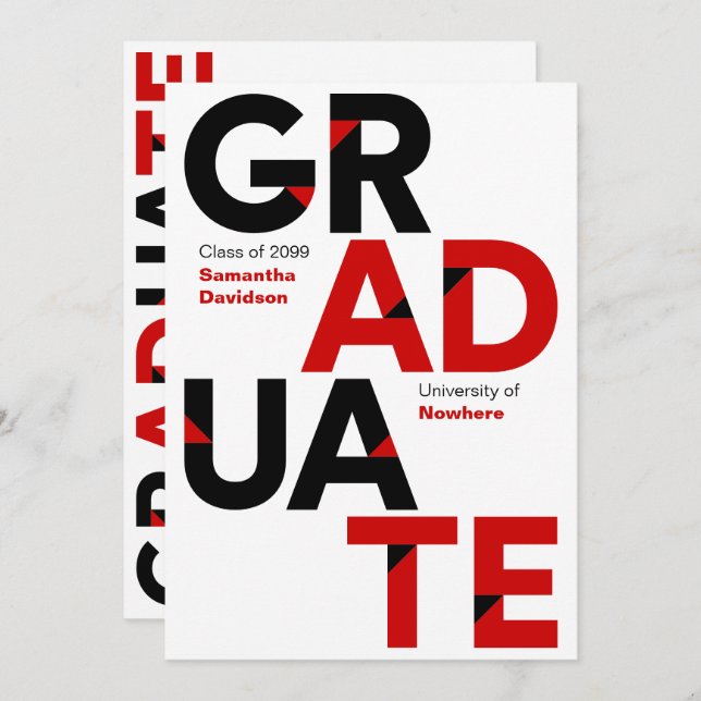 Black & Red Big Bold Angle-Cut Letters Graduation Invitation (Front/Back)