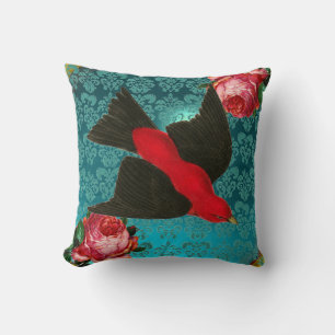 BLACK RED BIRD, PINK ROSES AQUA BLUE,TEAL DAMASK CUSHION