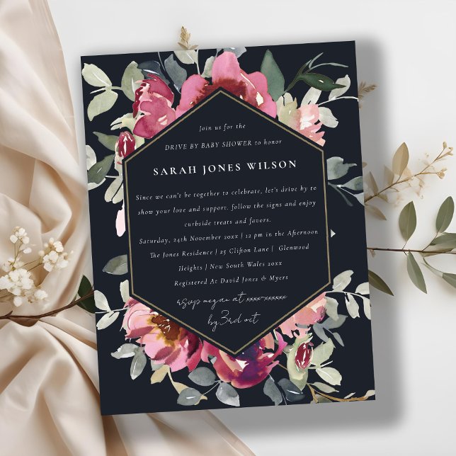 BLACK RED BLUSH ROSE FLORAL DRIVE BY BABY SHOWER POSTCARD (Creator Uploaded)