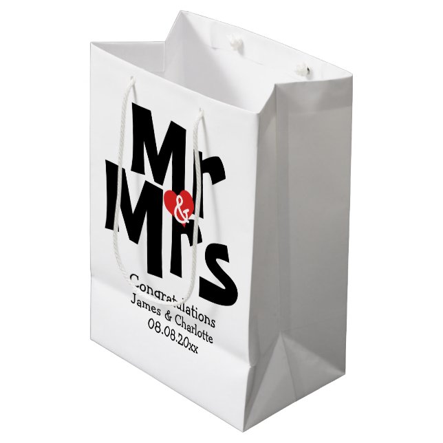 Black Red Bold Modern Personalised Mr and Mrs Medium Gift Bag (Front Angled)