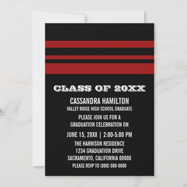 Black/Red Bold Stripe Graduation Invite (Front)
