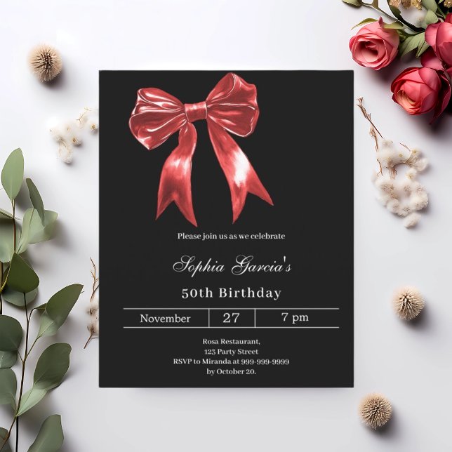 Black red bow birthday invitation (Creator Uploaded)