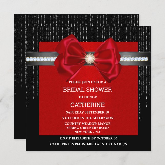 Black red bow diamond shimmer luxurious elegant invitation (Front/Back)