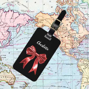 Black red bow name script luggage tag