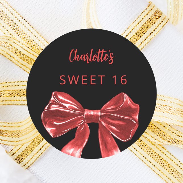 Black red bow Sweet 16 Classic Round Sticker (Creator Uploaded)