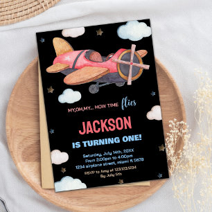 Black Red Brown Aeroplane Birthday Invitations