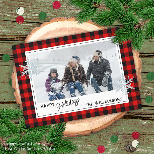 Black Red Buffalo Lumberjack Plaid & Snowflakes Holiday Card