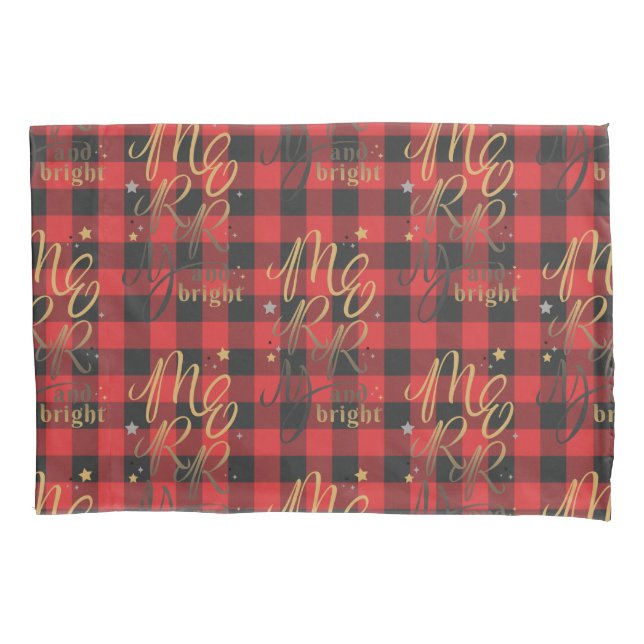 Black Red Buffalo Merry and Bright Plaid Rustic Pillowcase (Front-Left)