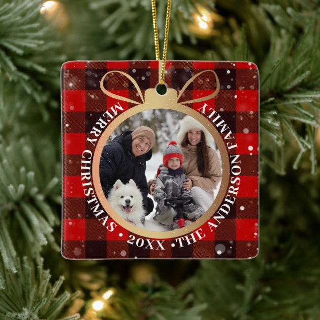 Black Red Buffalo Plaid Christmas 2 Photo Holiday Ceramic Ornament (Tree)