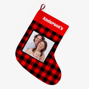 Black Red Buffalo Plaid  Family Photo Name  Large Christmas Stocking