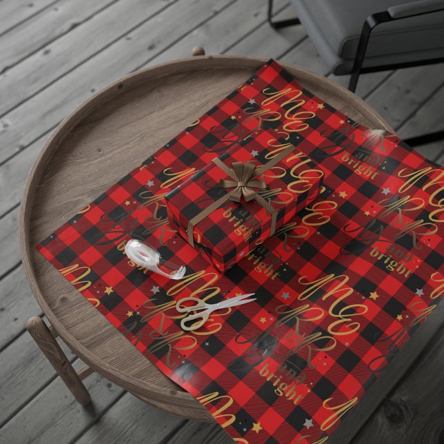 Black Red Buffalo Plaid Merry and Bright Wrapping Paper (merry and bright buffalo red and black tartan wrapping paper)
