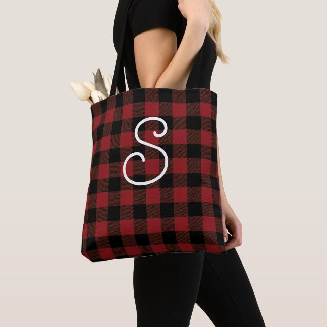 Black Red Buffalo Plaid Pattern Tote Bag (Close Up)