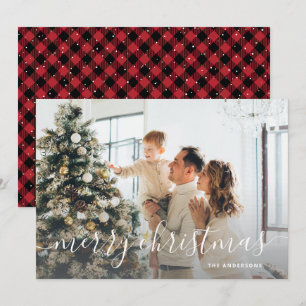 Black Red Buffalo Plaid Photo Merry Christmas Holiday Card