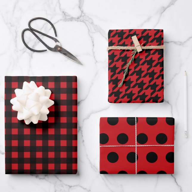 Black Red Buffalo Plaid Polka Dot Houndstooth Wrapping Paper Sheet (Front)