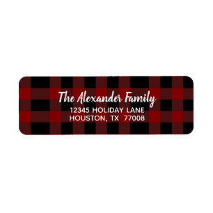 Black Red Buffalo Plaid Simple Script Return Address Label