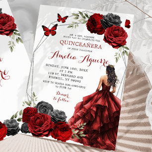 Black Red Burgundy Floral Princess Quinceañera Invitation
