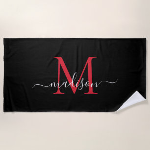 Black Red Burgundy Monogram Feminine Girly Script Beach Towel