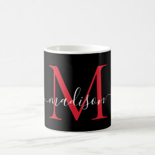 Black Red Burgundy Monogram Girly Script Stylish Coffee Mug