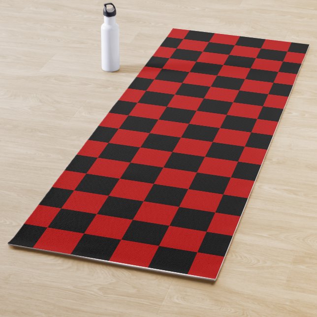 Black + Red Check Chequered Chequerboard Pattern Yoga Mat (In Situ)
