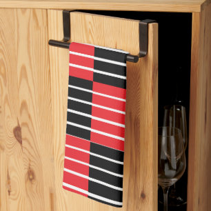 Black Red Checks and Stripes Pattern Tea Towel